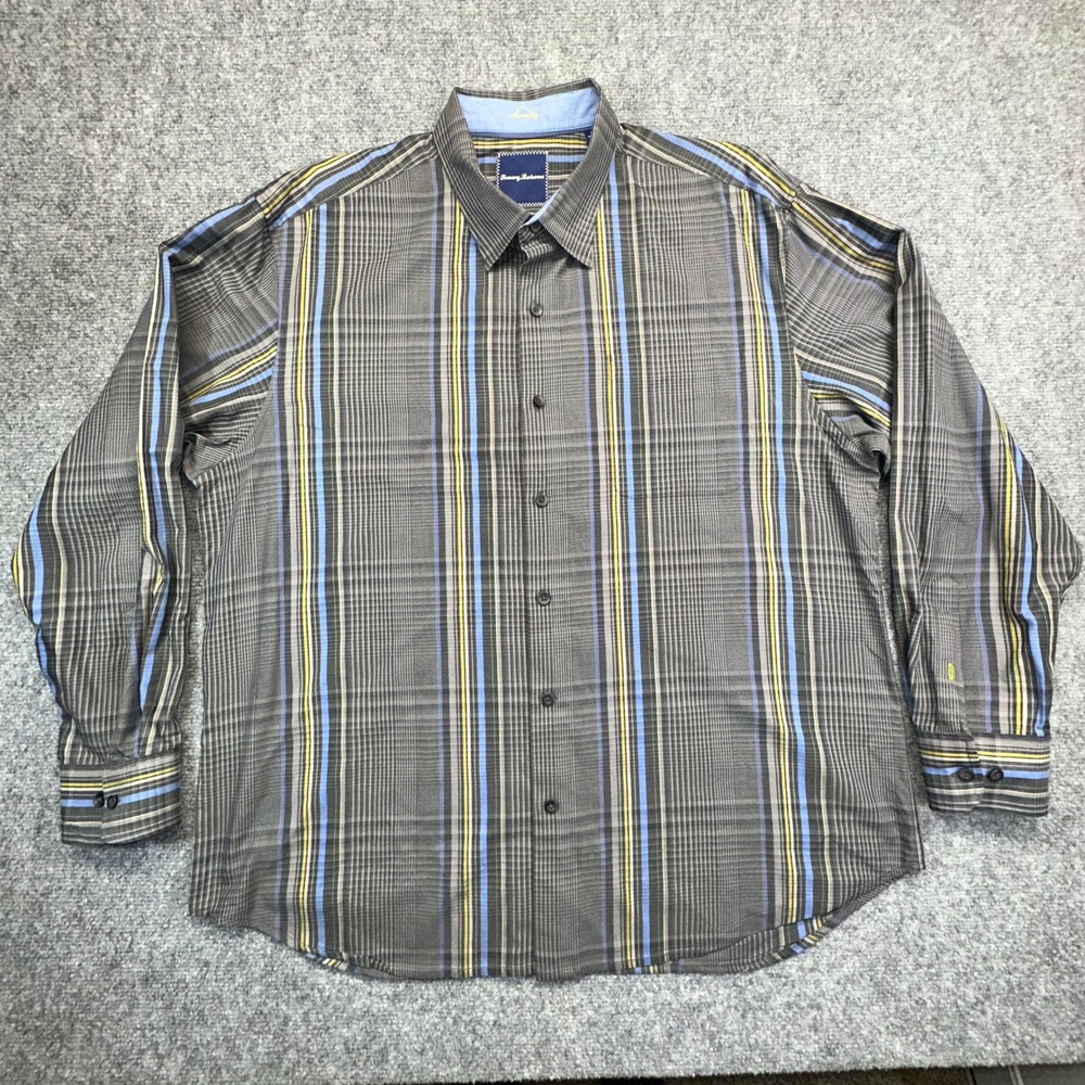 Tommy Bahama Button Up Shirt Mens XL Grey Blue Plaid Silk Blend Striped